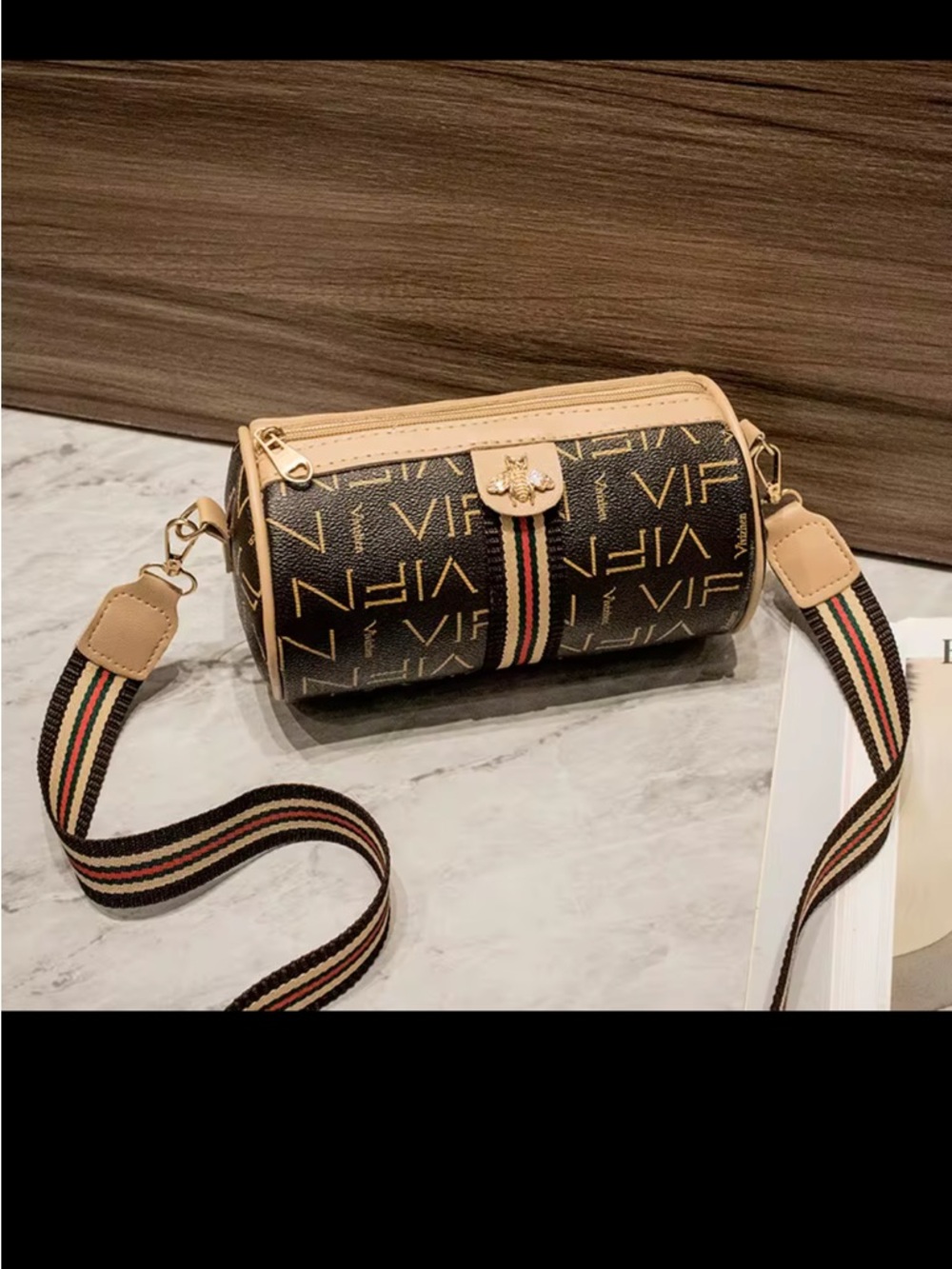 Monogram Bee Accent Barrel Crossbody Bag - khaki /Brown/-Red Stripe NIP - Picture 7 of 8